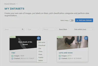 Datasets view