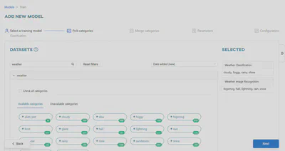 Choose datasets and categories