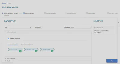 Select &lsquo;Detection&rsquo; and then &lsquo;New Accessories&rsquo; dataset
